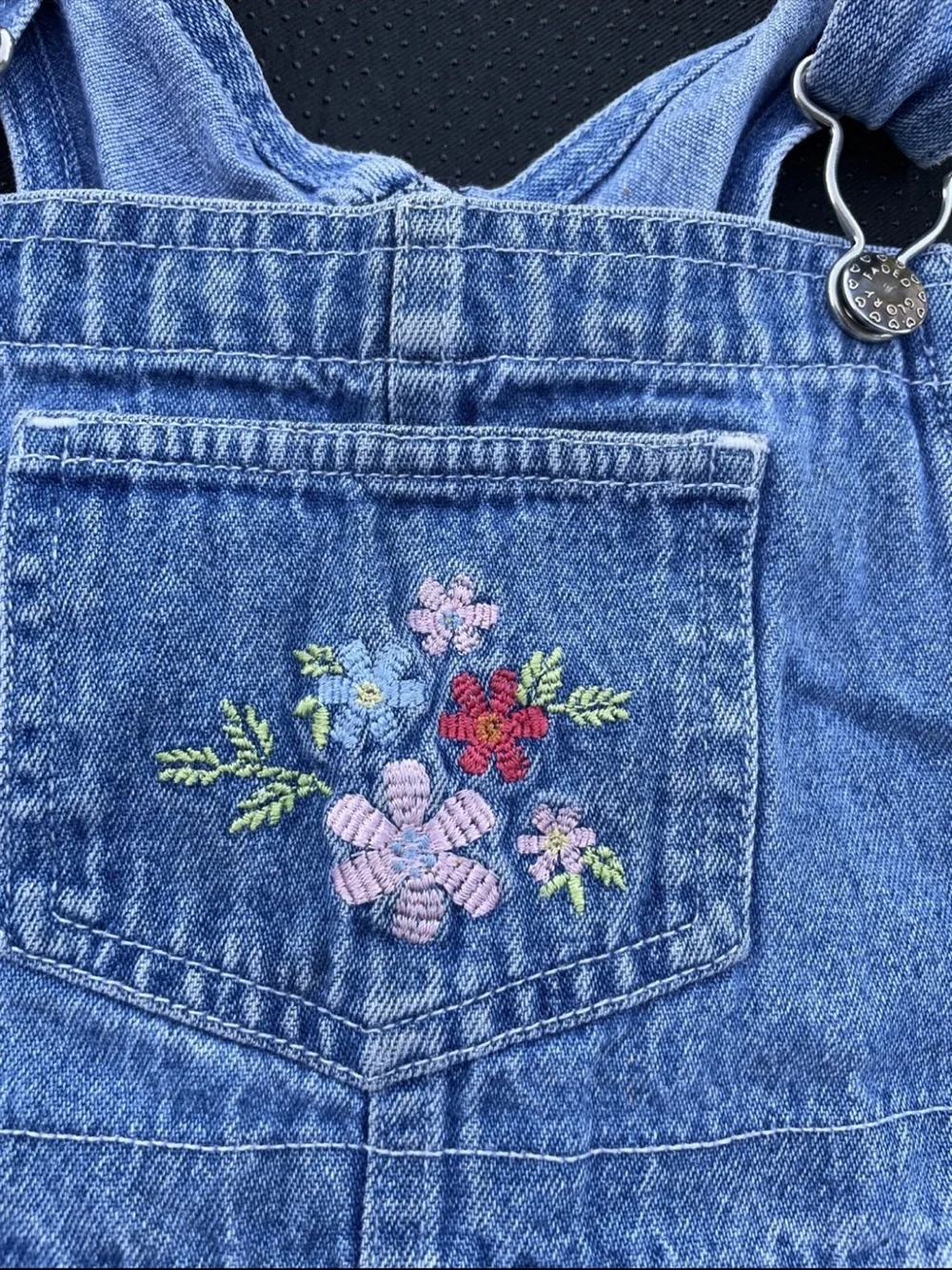 Vintage Faded Glory Blue Denim Floral Embroidered Overalls Dress